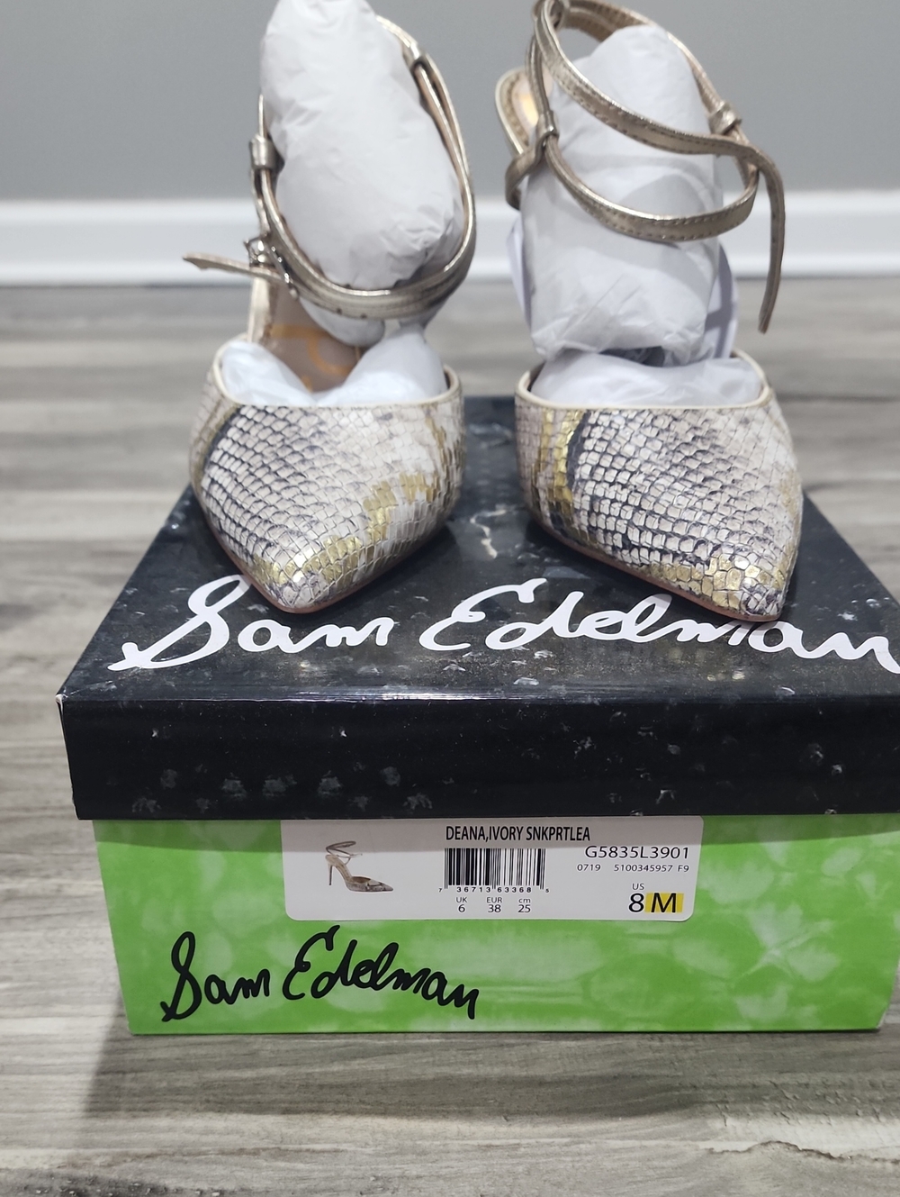 Sam Edelman Ivory Snake-Print Pointed Toe Ankle Strap Pumps
